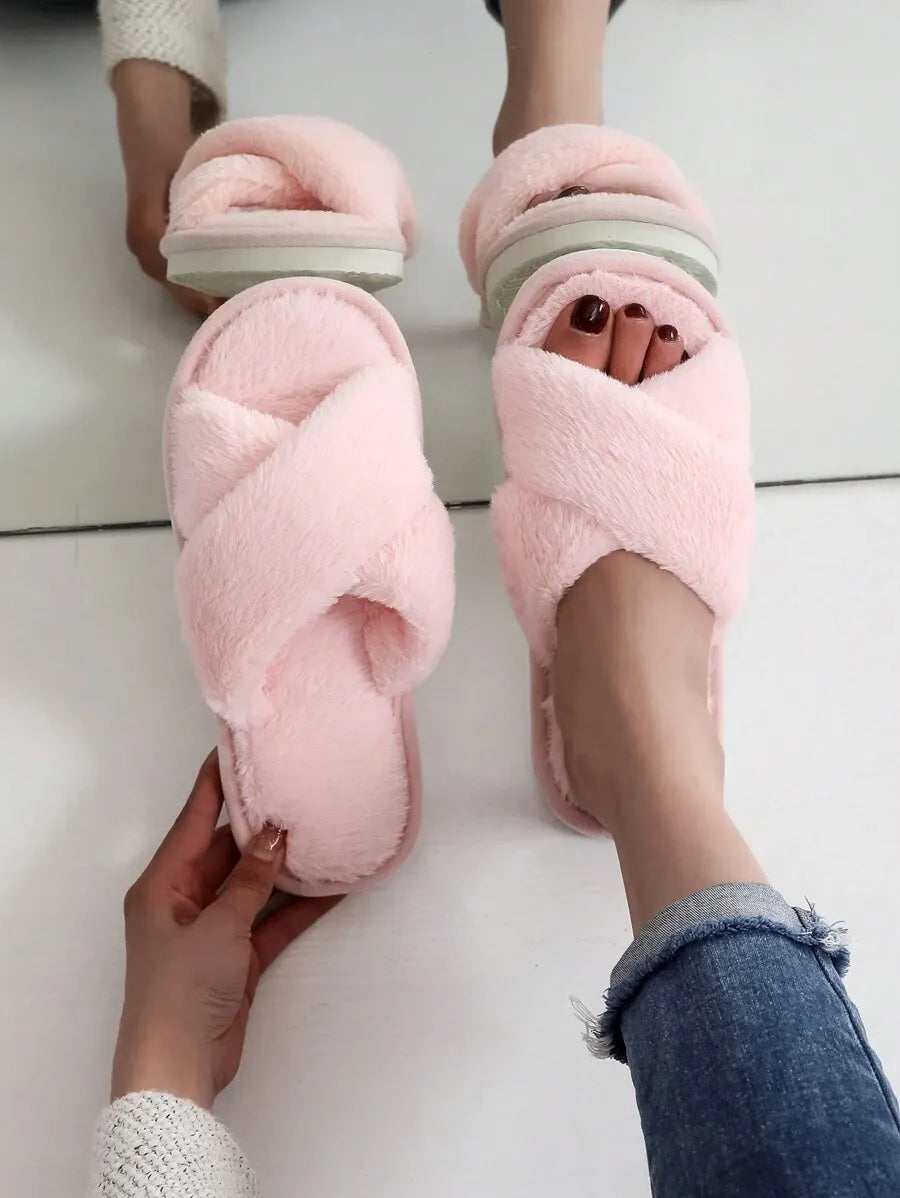 New Fashion Cross Strap Fluffy Women's Indoor Slippers, Minimalist Quiet Home Furry Slides