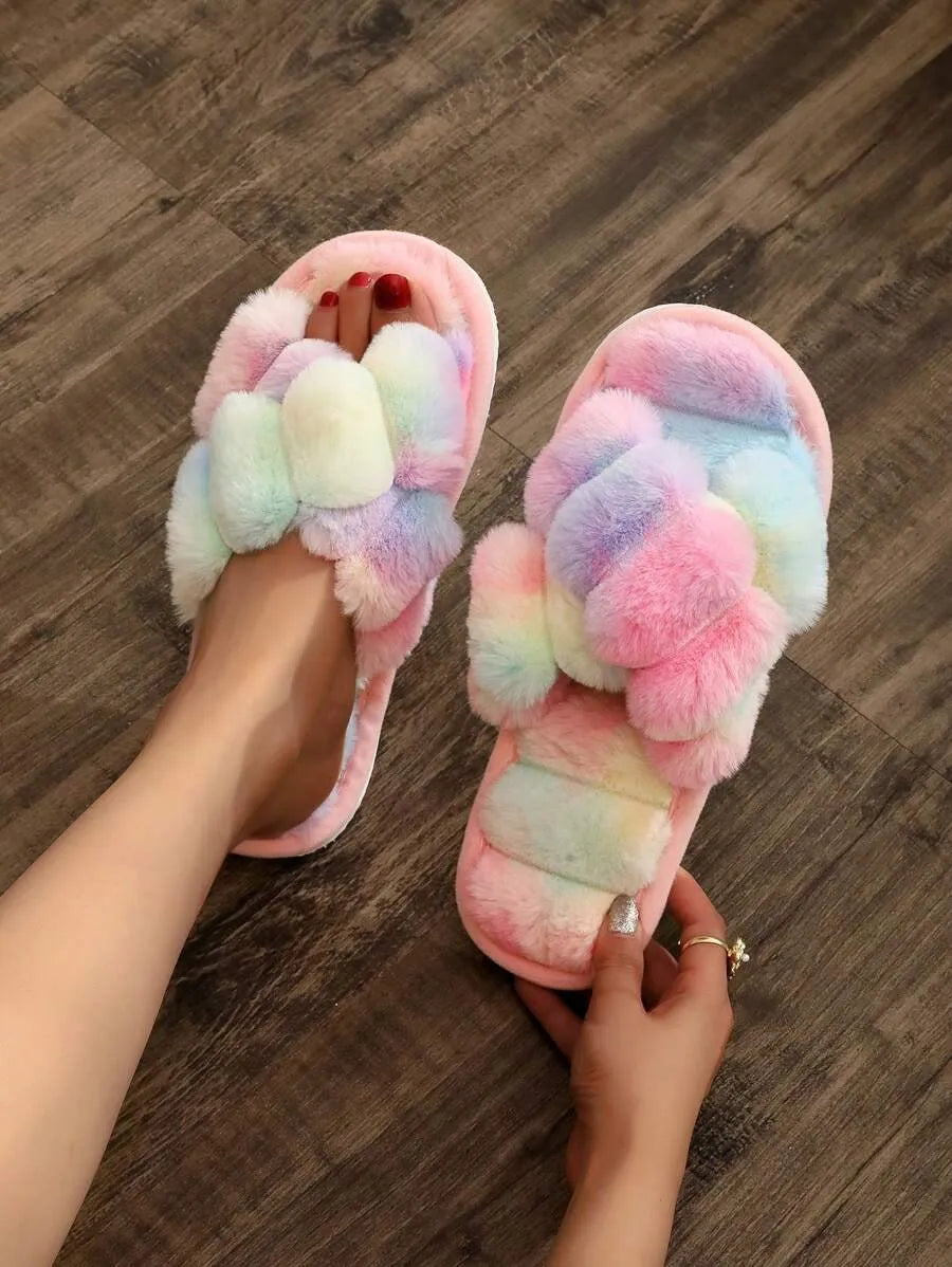 New Fashion Cross Strap Fluffy Women's Indoor Slippers, Minimalist Quiet Home Furry Slides