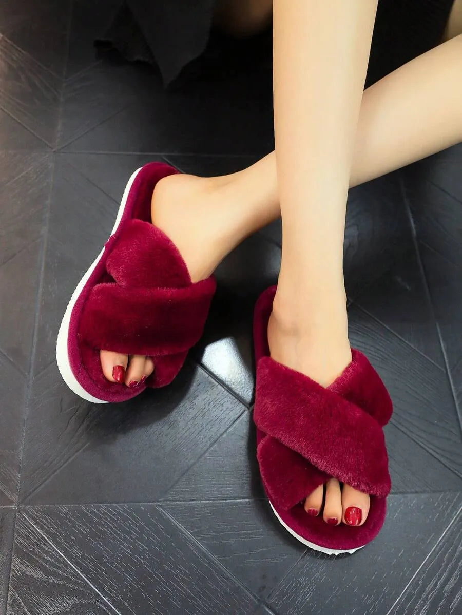New Fashion Cross Strap Fluffy Women's Indoor Slippers, Minimalist Quiet Home Furry Slides