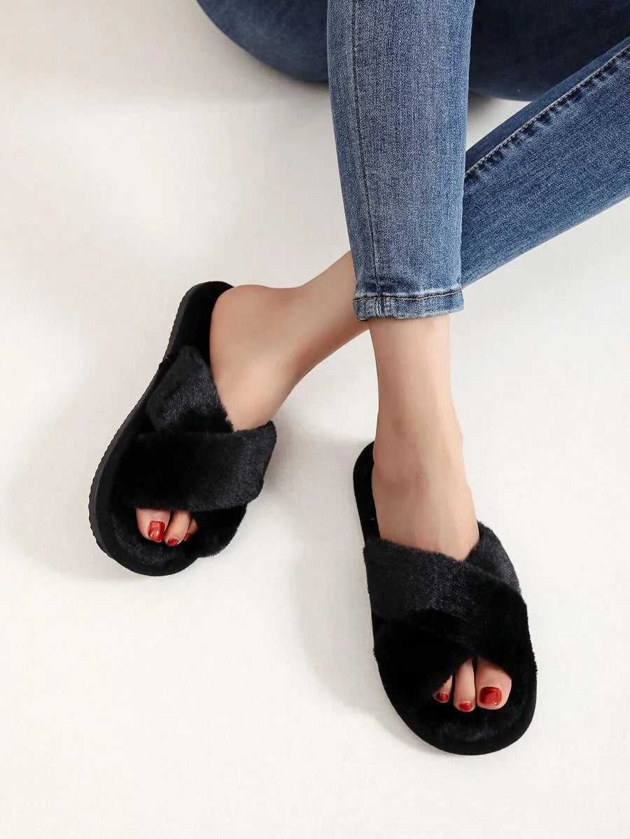 New Fashion Cross Strap Fluffy Women's Indoor Slippers, Minimalist Quiet Home Furry Slides