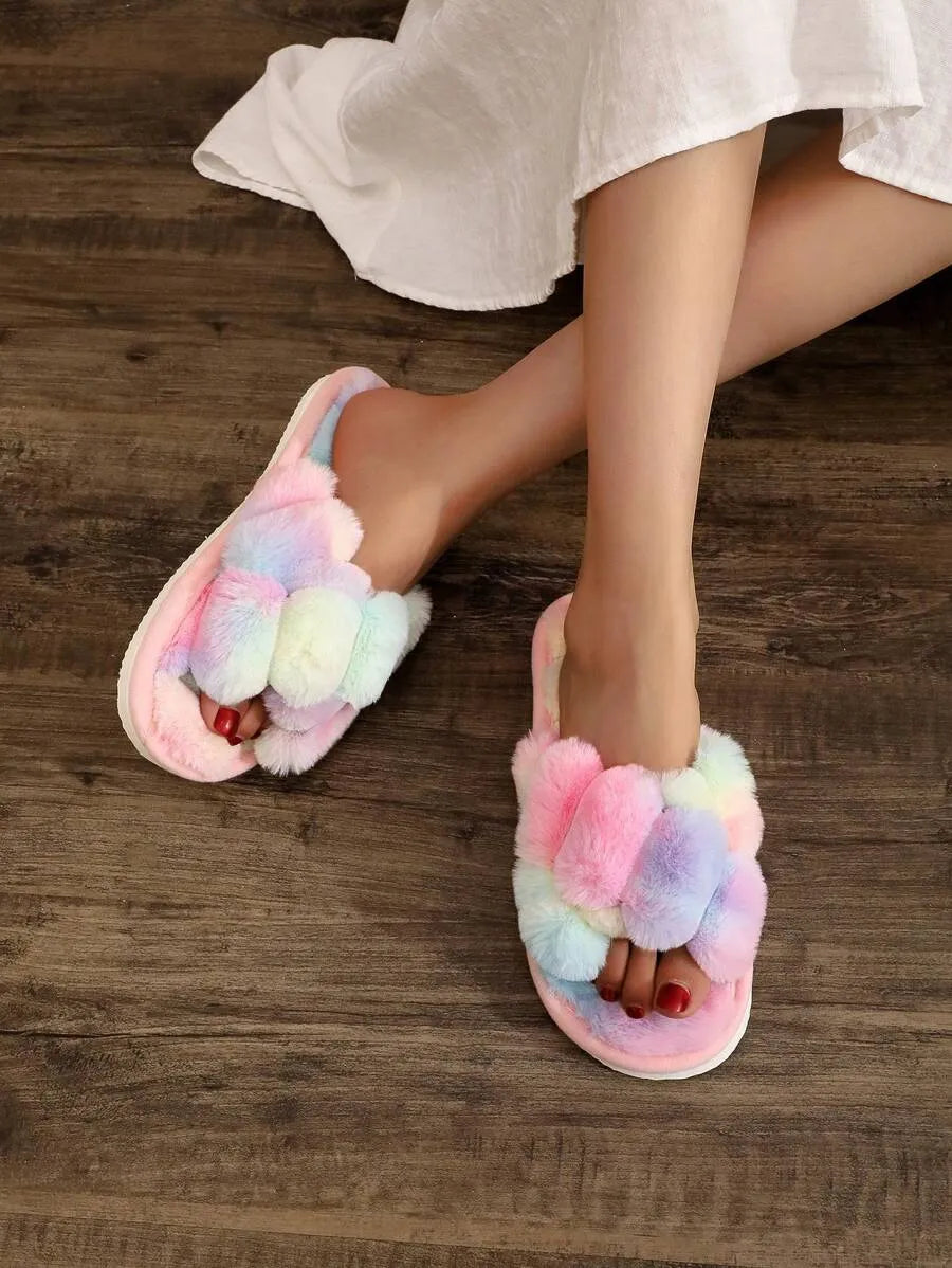 New Fashion Cross Strap Fluffy Women's Indoor Slippers, Minimalist Quiet Home Furry Slides