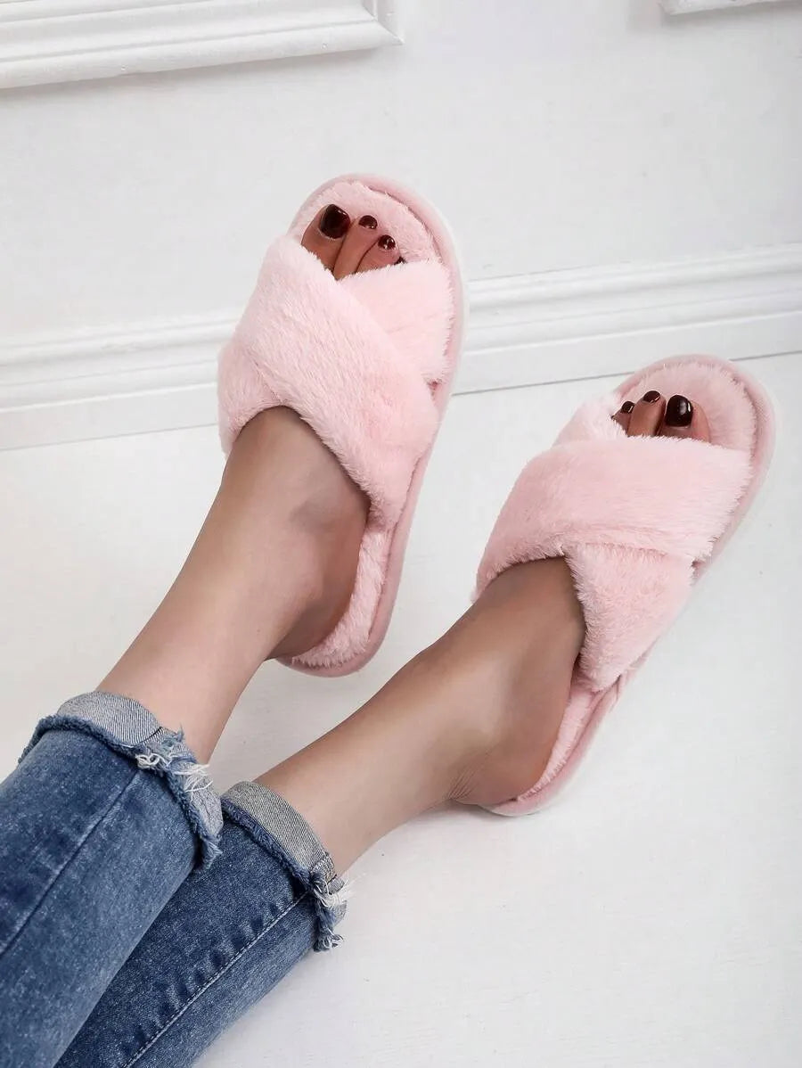 New Fashion Cross Strap Fluffy Women's Indoor Slippers, Minimalist Quiet Home Furry Slides