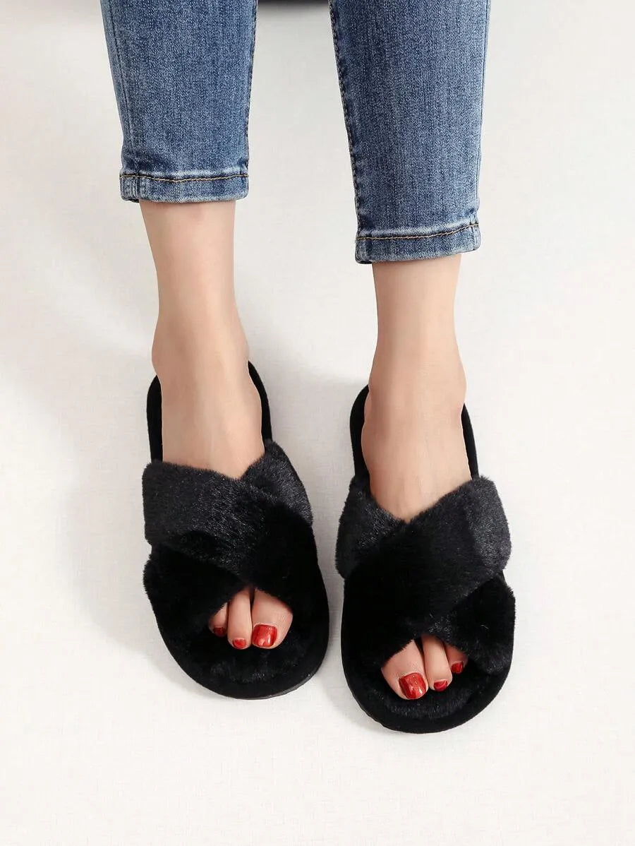 New Fashion Cross Strap Fluffy Women's Indoor Slippers, Minimalist Quiet Home Furry Slides