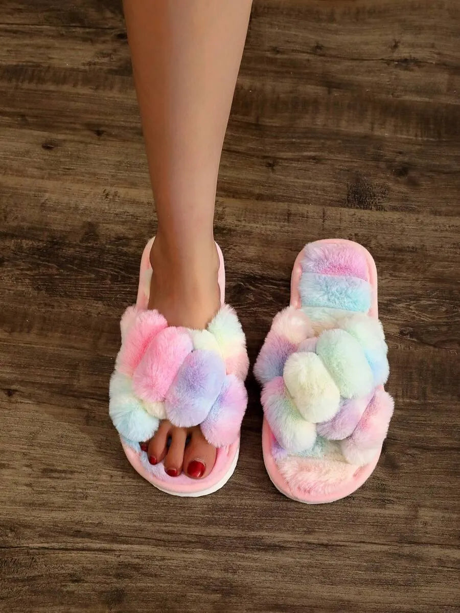 New Fashion Cross Strap Fluffy Women's Indoor Slippers, Minimalist Quiet Home Furry Slides