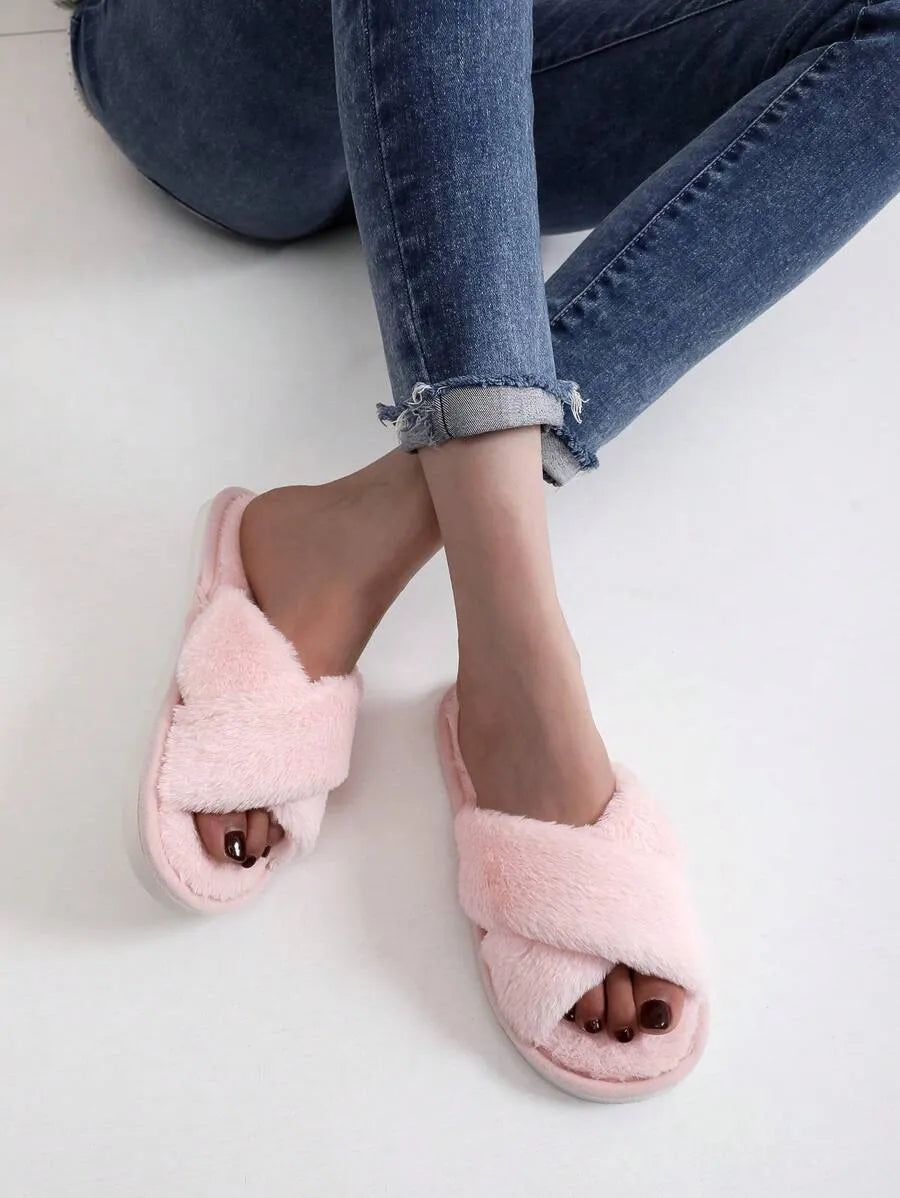 New Fashion Cross Strap Fluffy Women's Indoor Slippers, Minimalist Quiet Home Furry Slides