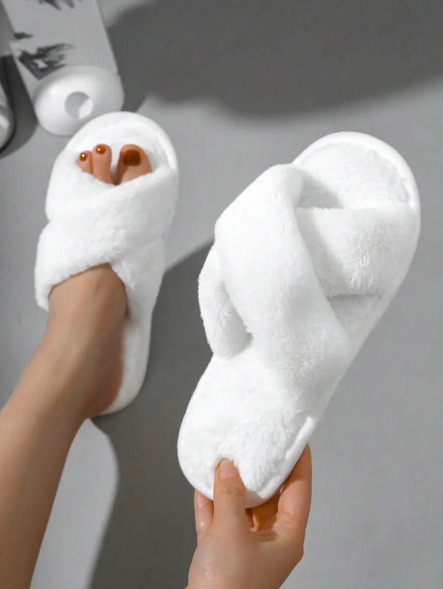 New Fashion Cross Strap Fluffy Women's Indoor Slippers, Minimalist Quiet Home Furry Slides