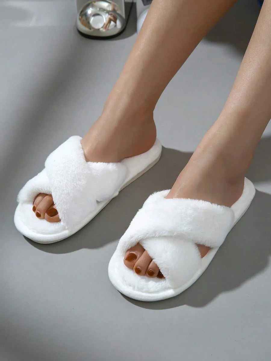 New Fashion Cross Strap Fluffy Women's Indoor Slippers, Minimalist Quiet Home Furry Slides