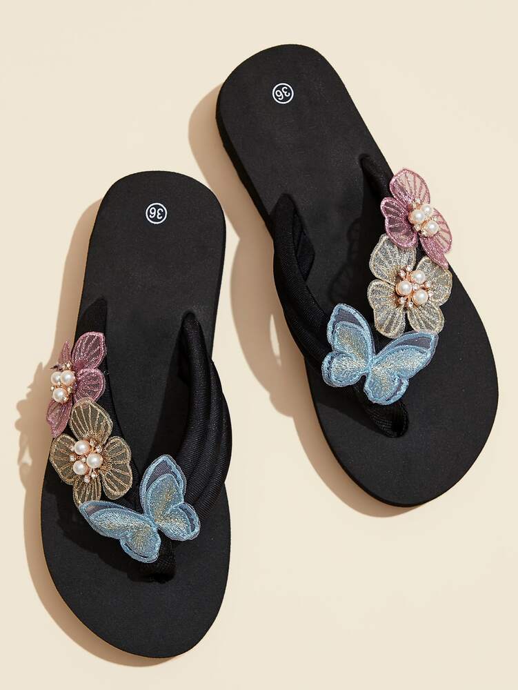 Women's Faux Pearl & Butterfly Toe Post Slippers - Lightweight & Comfortable Beach Vacation Flip Flops for Daily Wear, Summer Slides, Elegant Casual Footwear - Perfect Gift for Her