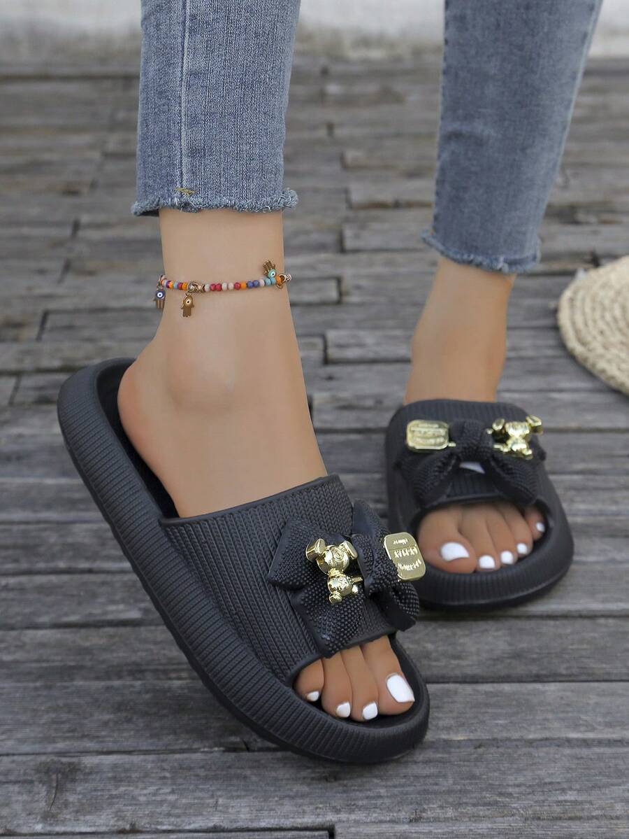 Women's Slides with Bow Detail - Comfortable Lightweight Plastic Sole Slippers for Daily Wear, Home Use, or as a Thoughtful Gift - Khaki Solid Color, Easy to Clean, Stylish & Durable