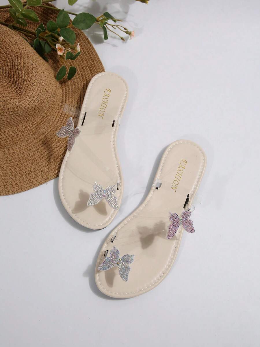 Women's Flat Sandals - Butterfly Rhinestone Decor, Comfortable Breathable Casual Summer Slippers for Daily Wear & Warm Weather, Lightweight & Elegant Fashion Shoes for US & UK