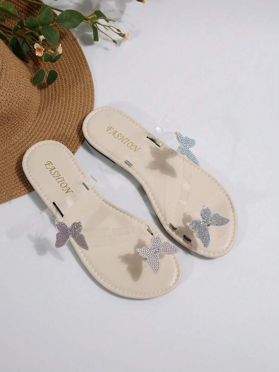 Women's Flat Sandals - Butterfly Rhinestone Decor, Comfortable Breathable Casual Summer Slippers for Daily Wear & Warm Weather, Lightweight & Elegant Fashion Shoes for US & UK