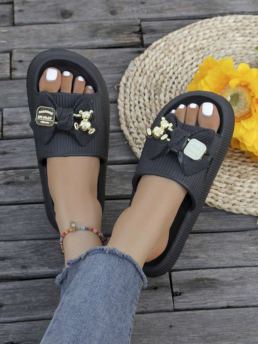 Women's Slides with Bow Detail - Comfortable Lightweight Plastic Sole Slippers for Daily Wear, Home Use, or as a Thoughtful Gift - Khaki Solid Color, Easy to Clean, Stylish & Durable