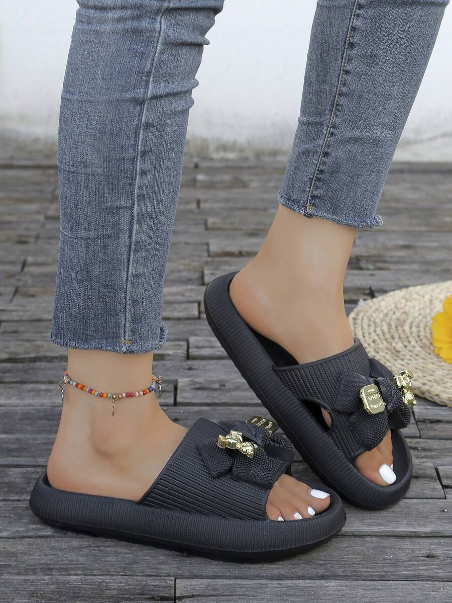 Women's Slides with Bow Detail - Comfortable Lightweight Plastic Sole Slippers for Daily Wear, Home Use, or as a Thoughtful Gift - Khaki Solid Color, Easy to Clean, Stylish & Durable