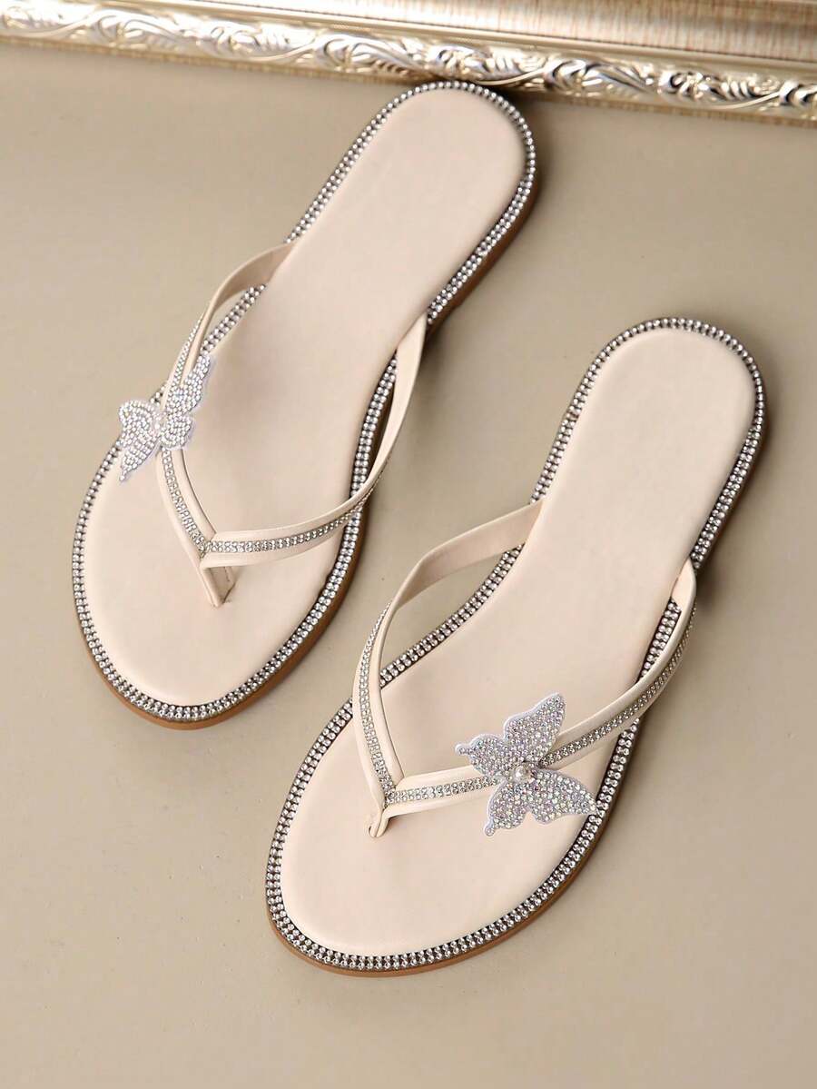 Women's Flat Sandals - Butterfly Rhinestone Decor, Comfortable Breathable Casual Summer Slippers for Daily Wear & Warm Weather, Lightweight & Elegant Fashion Shoes for US & UK