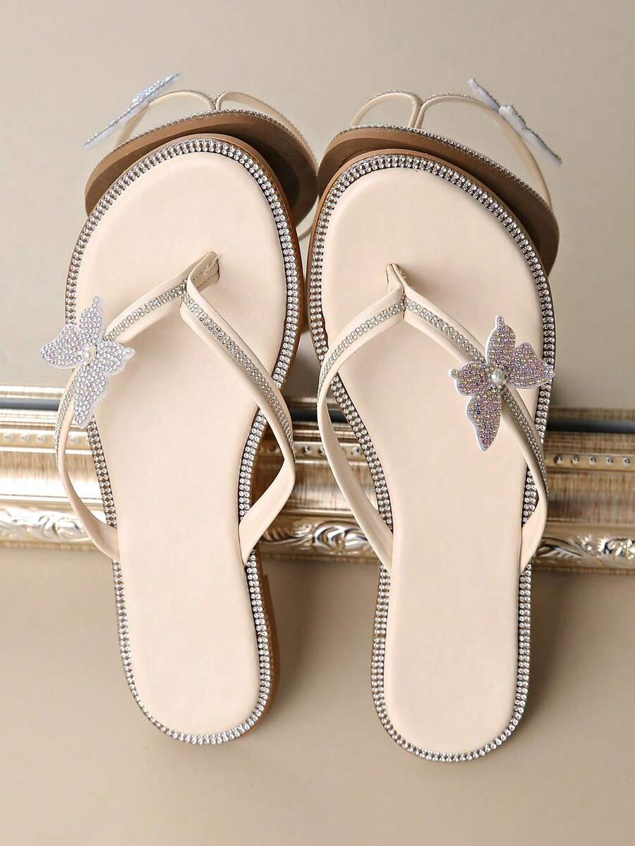 Women's Flat Sandals - Butterfly Rhinestone Decor, Comfortable Breathable Casual Summer Slippers for Daily Wear & Warm Weather, Lightweight & Elegant Fashion Shoes for US & UK