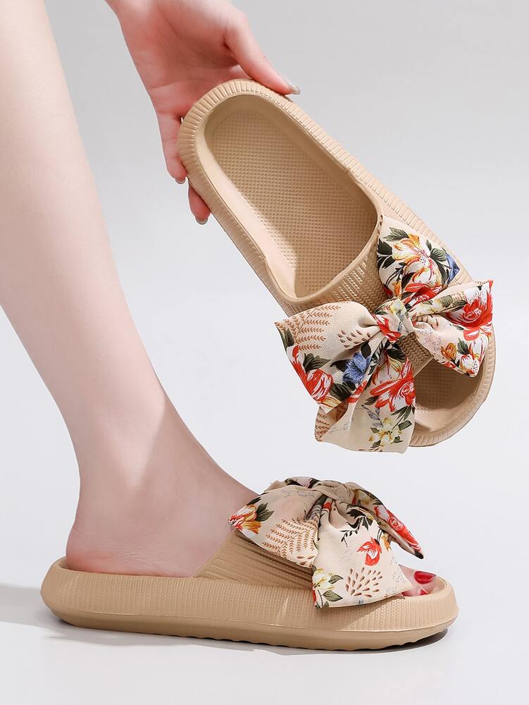 Women's Slides with Bow Detail - Comfortable Lightweight Plastic Sole Slippers for Daily Wear, Home Use, or as a Thoughtful Gift - Khaki Solid Color, Easy to Clean, Stylish & Durable