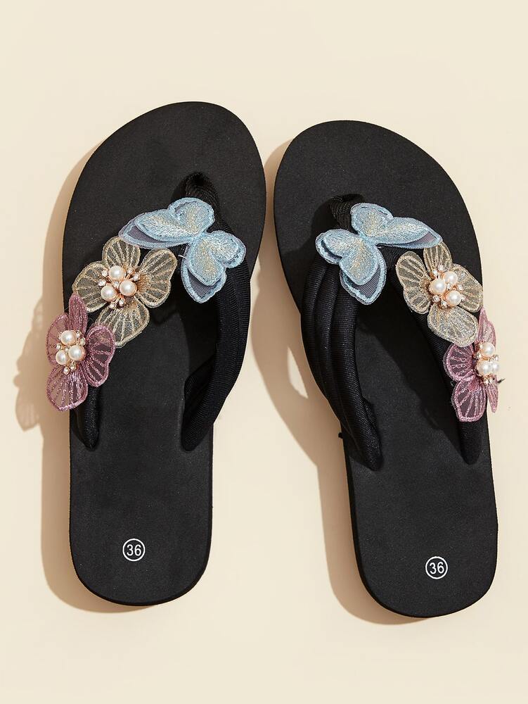 Women's Faux Pearl & Butterfly Toe Post Slippers - Lightweight & Comfortable Beach Vacation Flip Flops for Daily Wear, Summer Slides, Elegant Casual Footwear - Perfect Gift for Her