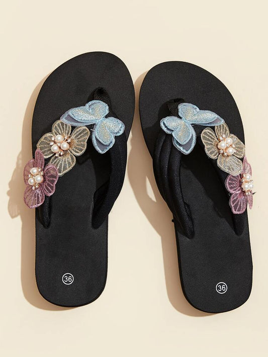 Women's Faux Pearl & Butterfly Toe Post Slippers - Lightweight & Comfortable Beach Vacation Flip Flops for Daily Wear, Summer Slides, Elegant Casual Footwear - Perfect Gift for Her