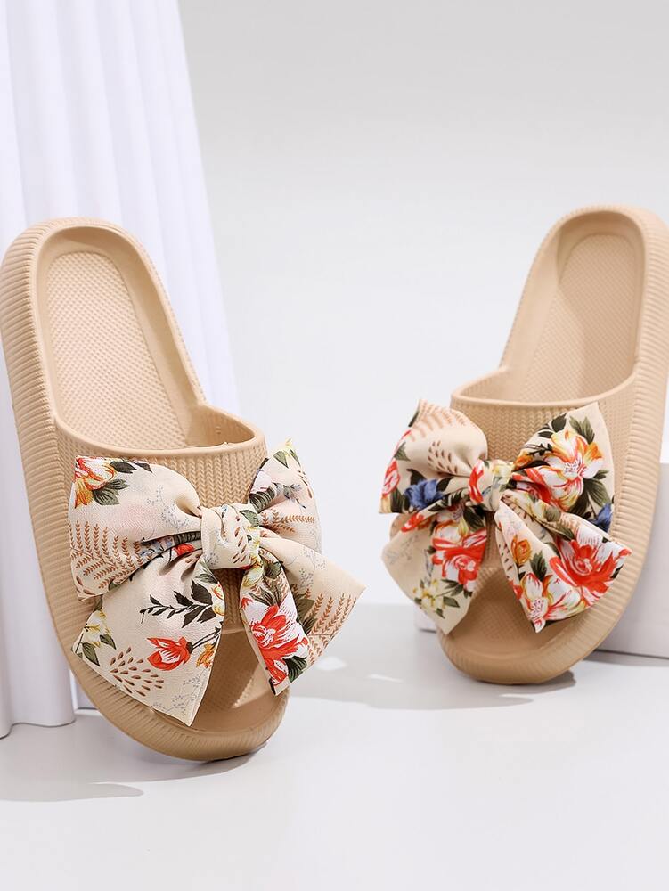 Women's Slides with Bow Detail - Comfortable Lightweight Plastic Sole Slippers for Daily Wear, Home Use, or as a Thoughtful Gift - Khaki Solid Color, Easy to Clean, Stylish & Durable