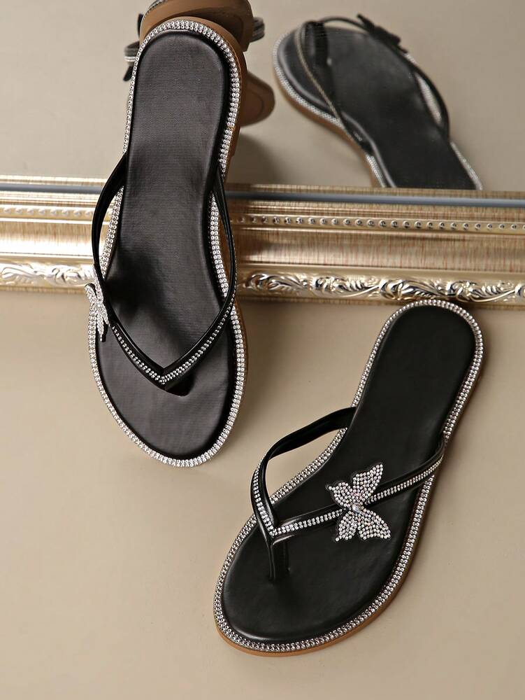 Women's Flat Sandals - Butterfly Rhinestone Decor, Comfortable Breathable Casual Summer Slippers for Daily Wear & Warm Weather, Lightweight & Elegant Fashion Shoes for US & UK