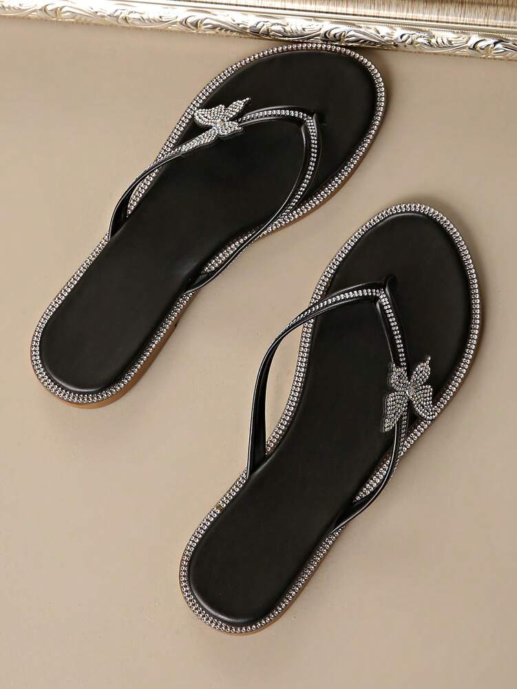 Women's Flat Sandals - Butterfly Rhinestone Decor, Comfortable Breathable Casual Summer Slippers for Daily Wear & Warm Weather, Lightweight & Elegant Fashion Shoes for US & UK