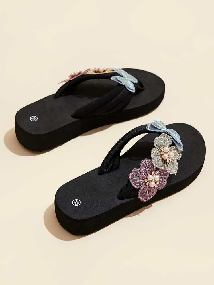 Women's Faux Pearl & Butterfly Toe Post Slippers - Lightweight & Comfortable Beach Vacation Flip Flops for Daily Wear, Summer Slides, Elegant Casual Footwear - Perfect Gift for Her