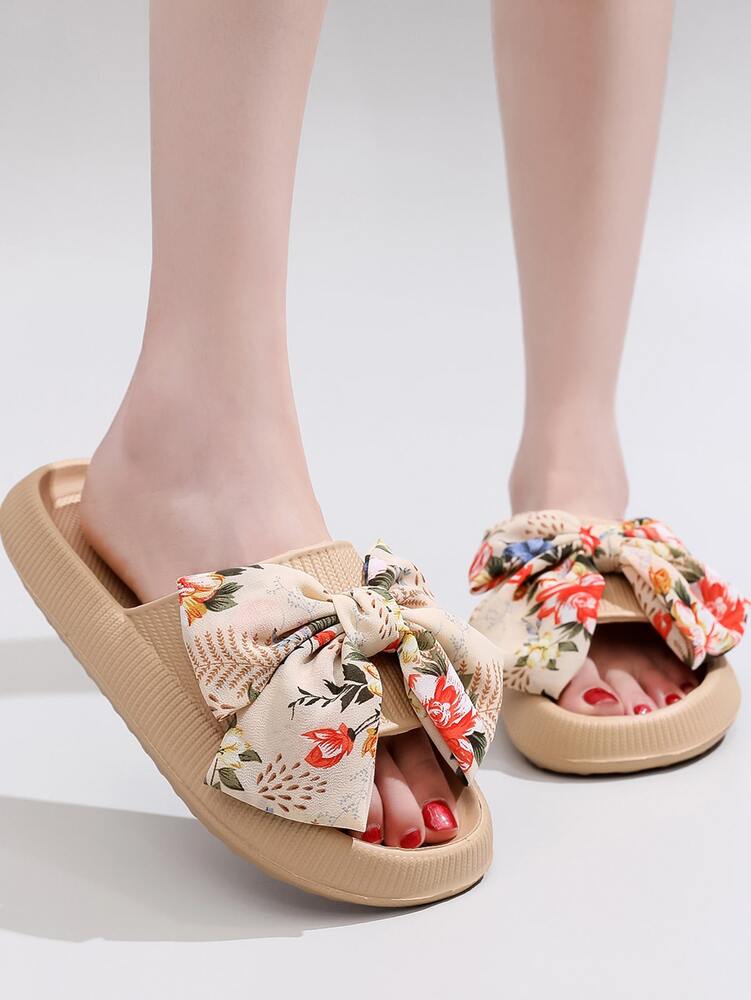 Women's Slides with Bow Detail - Comfortable Lightweight Plastic Sole Slippers for Daily Wear, Home Use, or as a Thoughtful Gift - Khaki Solid Color, Easy to Clean, Stylish & Durable