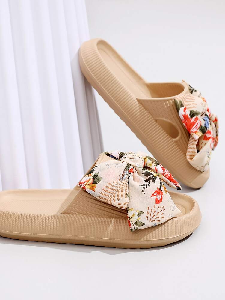 Women's Slides with Bow Detail - Comfortable Lightweight Plastic Sole Slippers for Daily Wear, Home Use, or as a Thoughtful Gift - Khaki Solid Color, Easy to Clean, Stylish & Durable