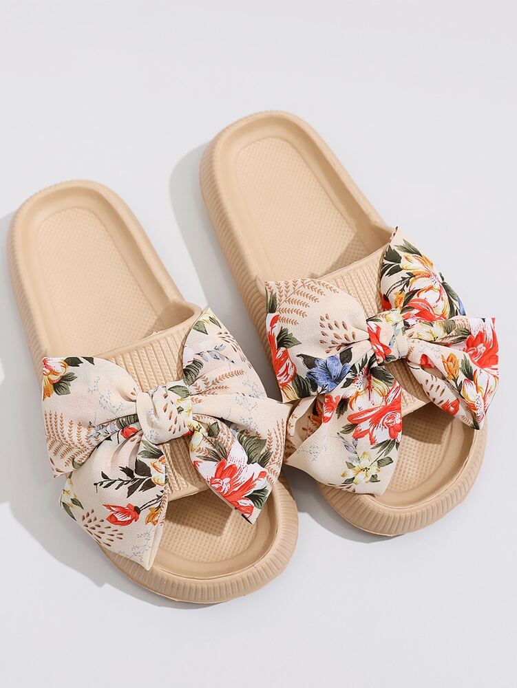 Women's Slides with Bow Detail - Comfortable Lightweight Plastic Sole Slippers for Daily Wear, Home Use, or as a Thoughtful Gift - Khaki Solid Color, Easy to Clean, Stylish & Durable