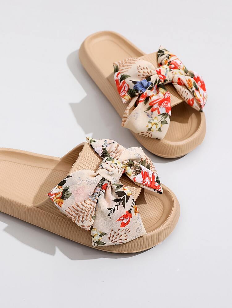 Women's Slides with Bow Detail - Comfortable Lightweight Plastic Sole Slippers for Daily Wear, Home Use, or as a Thoughtful Gift - Khaki Solid Color, Easy to Clean, Stylish & Durable