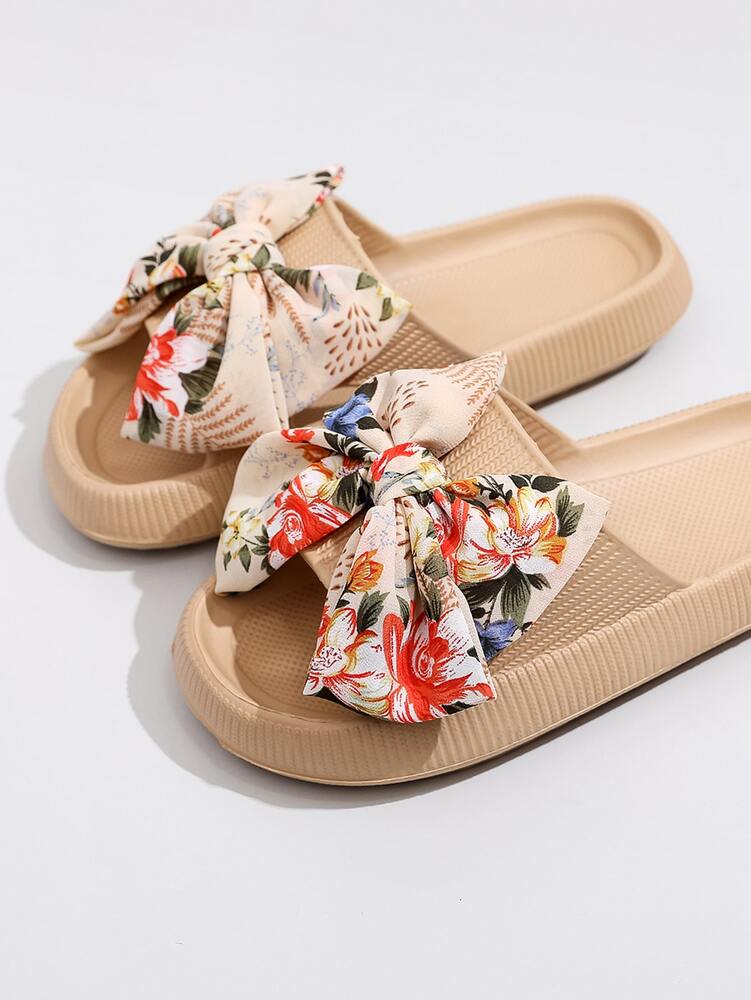 Women's Slides with Bow Detail - Comfortable Lightweight Plastic Sole Slippers for Daily Wear, Home Use, or as a Thoughtful Gift - Khaki Solid Color, Easy to Clean, Stylish & Durable