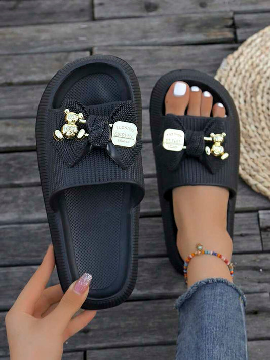 Women's Slides with Bow Detail - Comfortable Lightweight Plastic Sole Slippers for Daily Wear, Home Use, or as a Thoughtful Gift - Khaki Solid Color, Easy to Clean, Stylish & Durable
