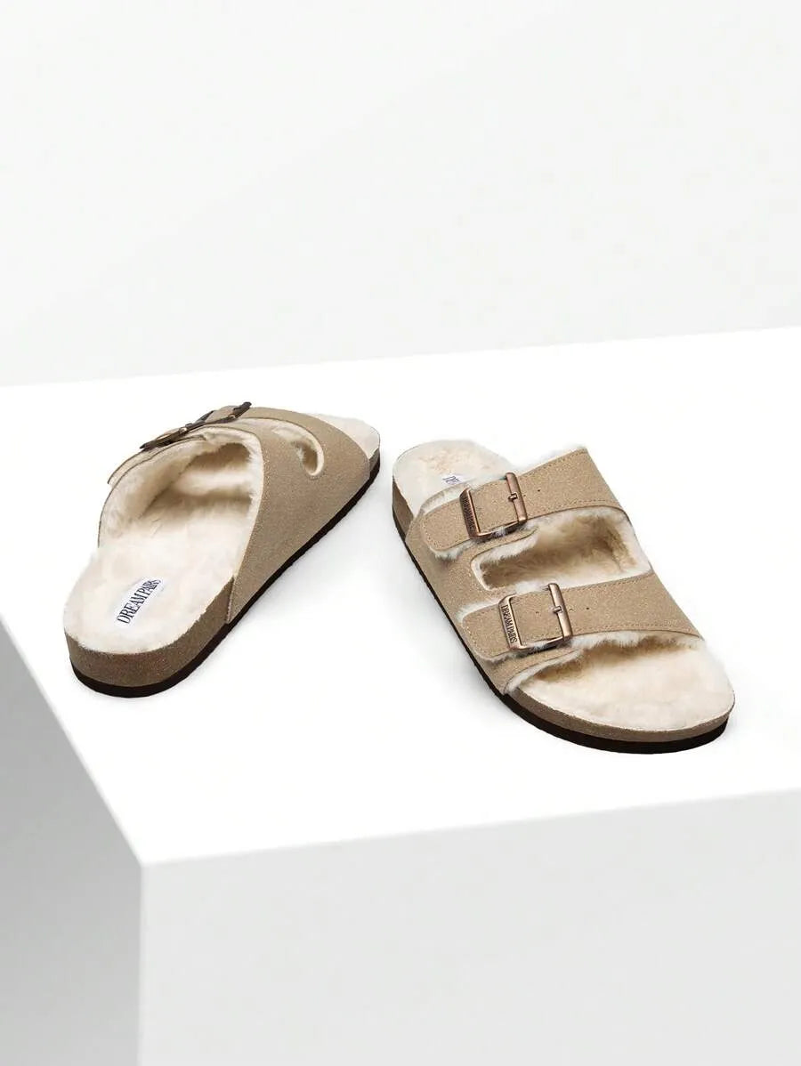 Women Furry Slippers With Metal Buckles Classic Double Straps Autumn Winter Furry Cushioned Comfort Casual Indoor Outdoor Fashion Fuzzy Shoes