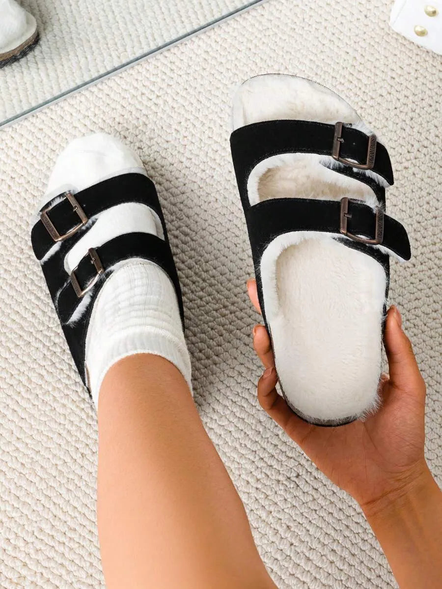 Women Furry Slippers With Metal Buckles Classic Double Straps Autumn Winter Furry Cushioned Comfort Casual Indoor Outdoor Fashion Fuzzy Shoes