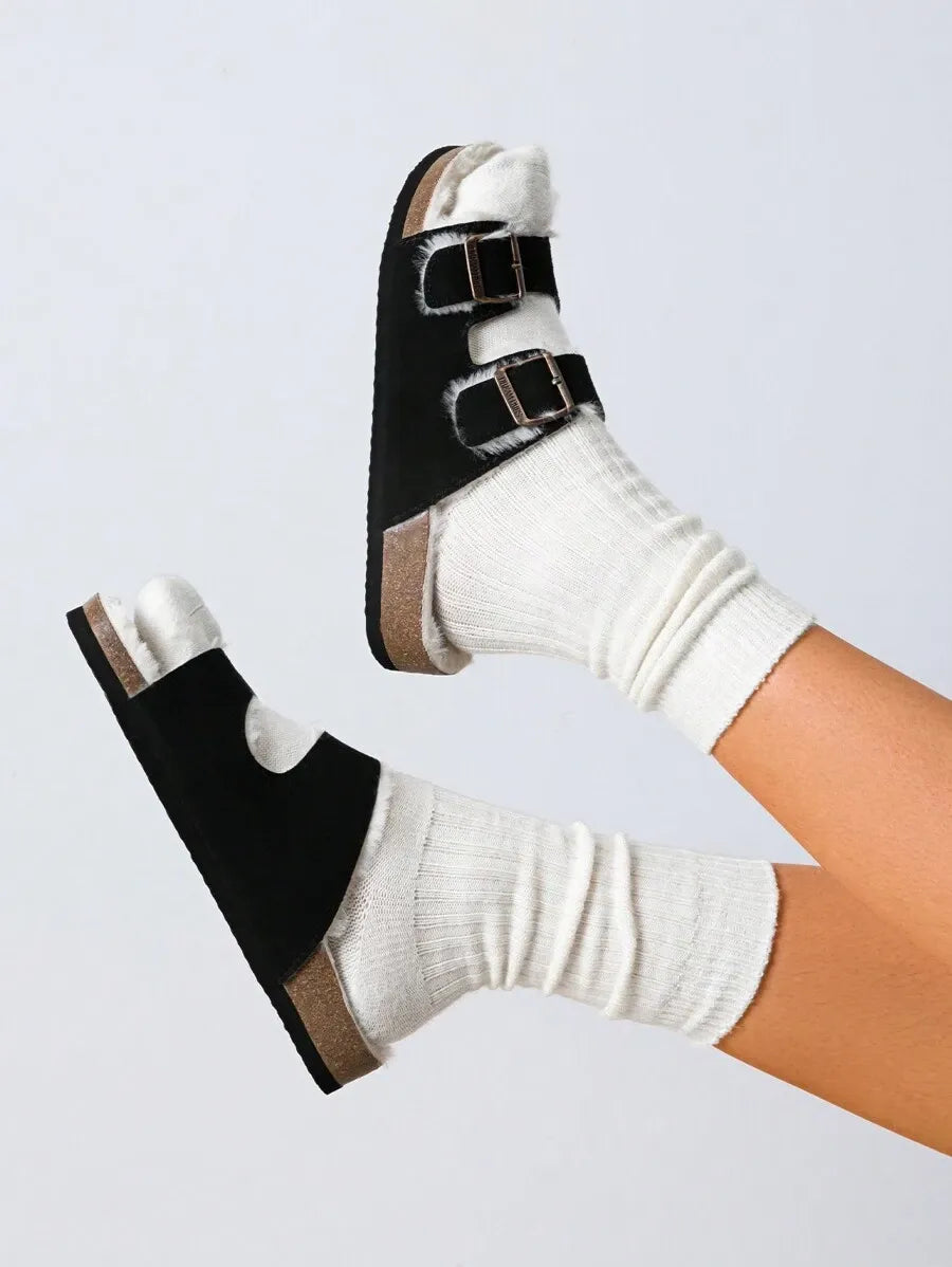 Women Furry Slippers With Metal Buckles Classic Double Straps Autumn Winter Furry Cushioned Comfort Casual Indoor Outdoor Fashion Fuzzy Shoes