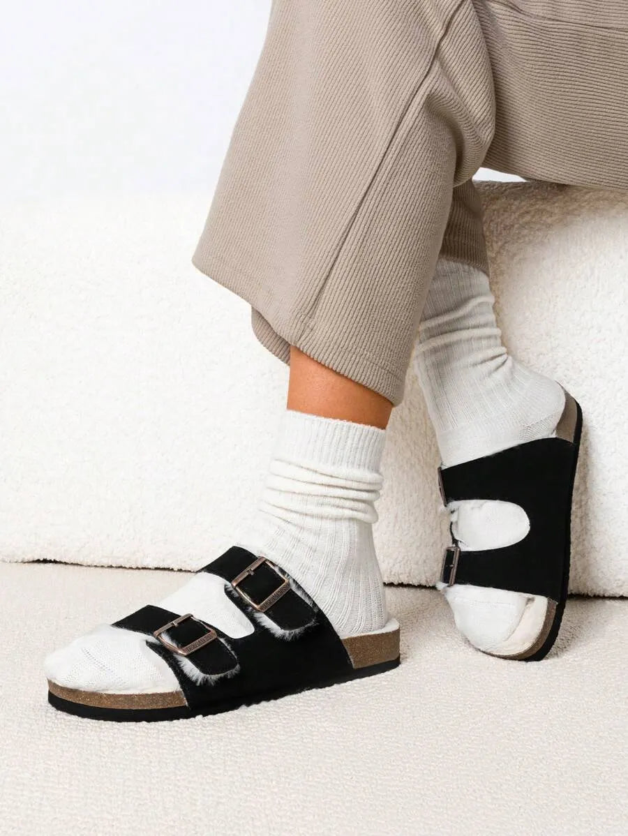 Women Furry Slippers With Metal Buckles Classic Double Straps Autumn Winter Furry Cushioned Comfort Casual Indoor Outdoor Fashion Fuzzy Shoes