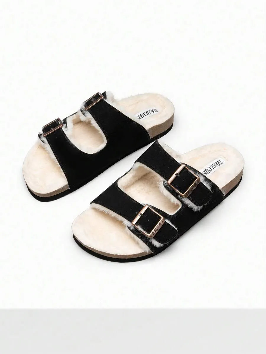 Women Furry Slippers With Metal Buckles Classic Double Straps Autumn Winter Furry Cushioned Comfort Casual Indoor Outdoor Fashion Fuzzy Shoes