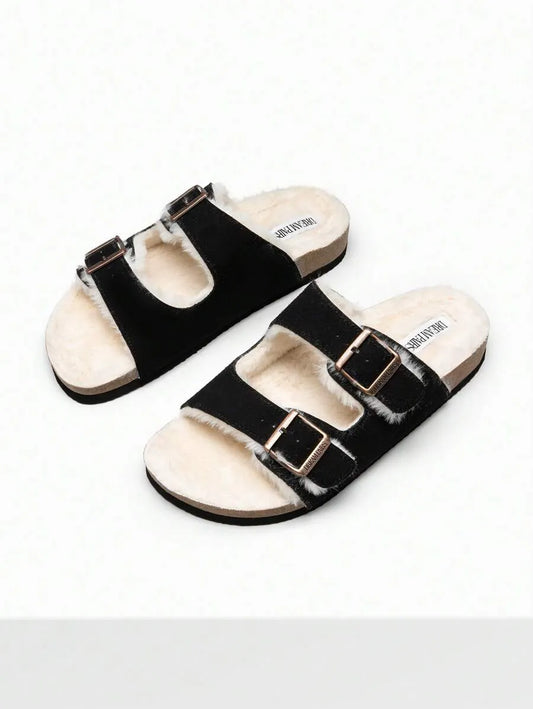 Women Furry Slippers With Metal Buckles Classic Double Straps Autumn Winter Furry Cushioned Comfort Casual Indoor Outdoor Fashion Fuzzy Shoes