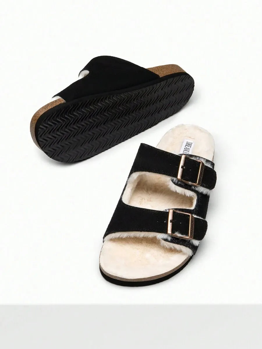 Women Furry Slippers With Metal Buckles Classic Double Straps Autumn Winter Furry Cushioned Comfort Casual Indoor Outdoor Fashion Fuzzy Shoes