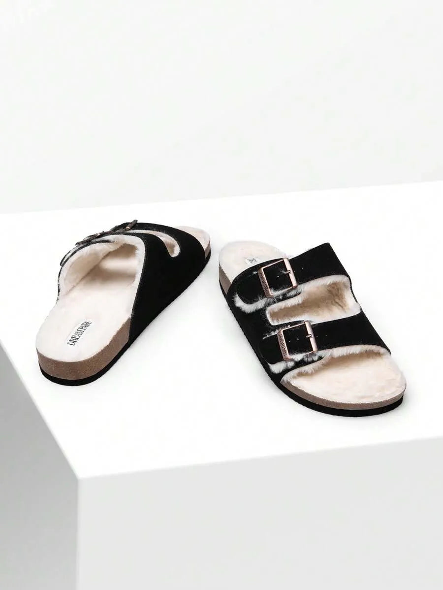 Women Furry Slippers With Metal Buckles Classic Double Straps Autumn Winter Furry Cushioned Comfort Casual Indoor Outdoor Fashion Fuzzy Shoes