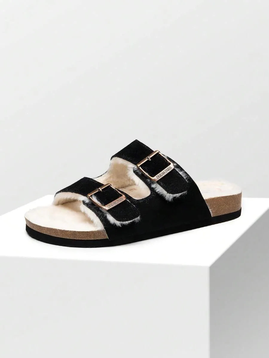 Women Furry Slippers With Metal Buckles Classic Double Straps Autumn Winter Furry Cushioned Comfort Casual Indoor Outdoor Fashion Fuzzy Shoes