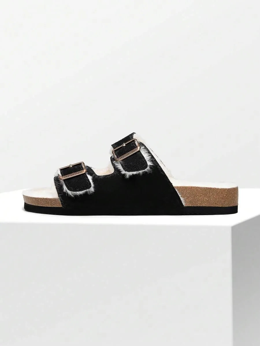 Women Furry Slippers With Metal Buckles Classic Double Straps Autumn Winter Furry Cushioned Comfort Casual Indoor Outdoor Fashion Fuzzy Shoes