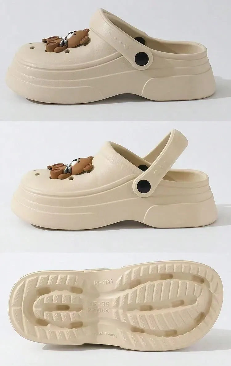 Cute Bear Clogs, Slip-On Garden Shoes, Platform Sandals, Beige