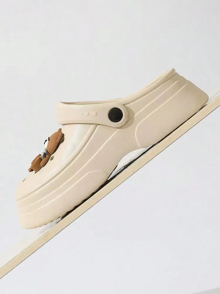 Cute Bear Clogs, Slip-On Garden Shoes, Platform Sandals, Beige
