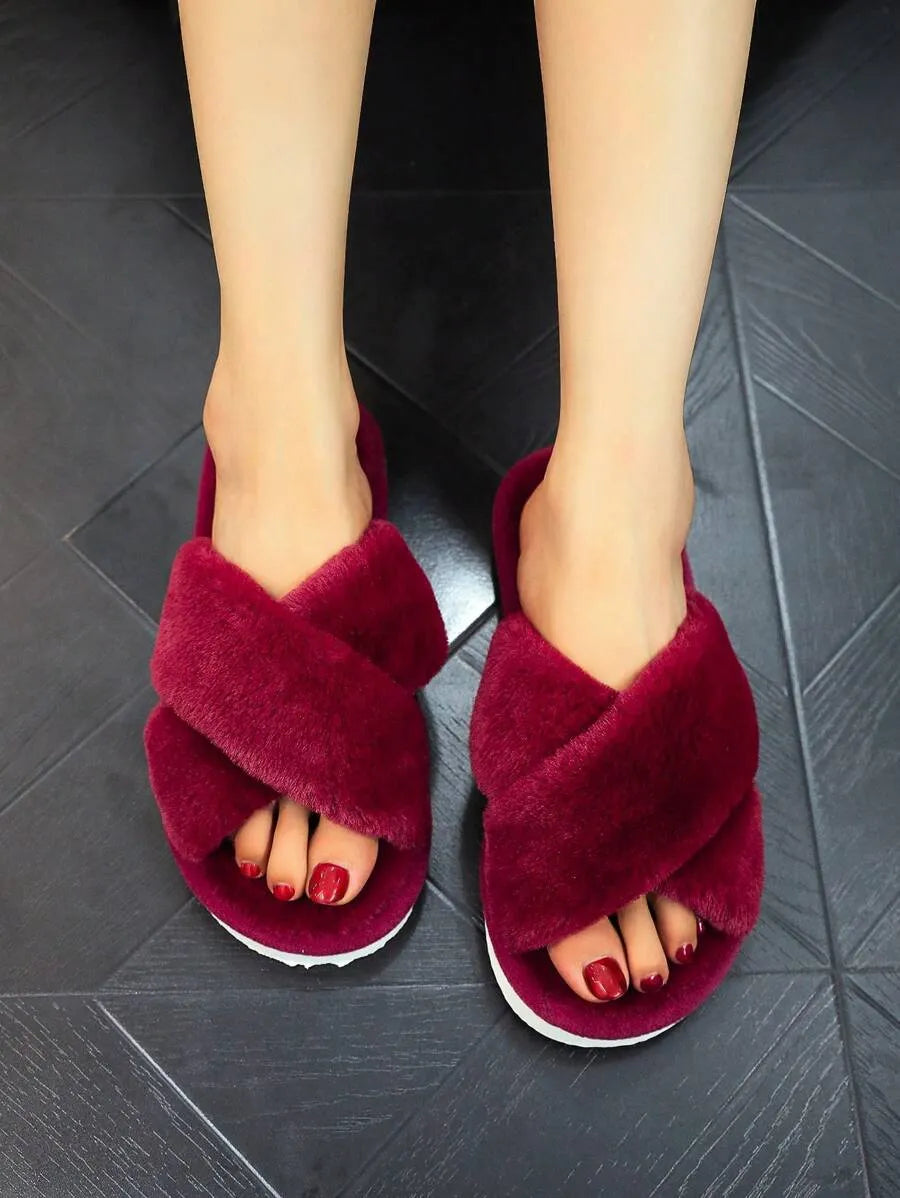 New Fashion Cross Strap Fluffy Women's Indoor Slippers, Minimalist Quiet Home Furry Slides