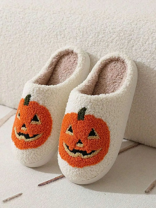 Halloween New Cartoon Pumpkin Thermal Slippers For Men & Women, Casual Home Wear, Suitable For Autumn & Winter