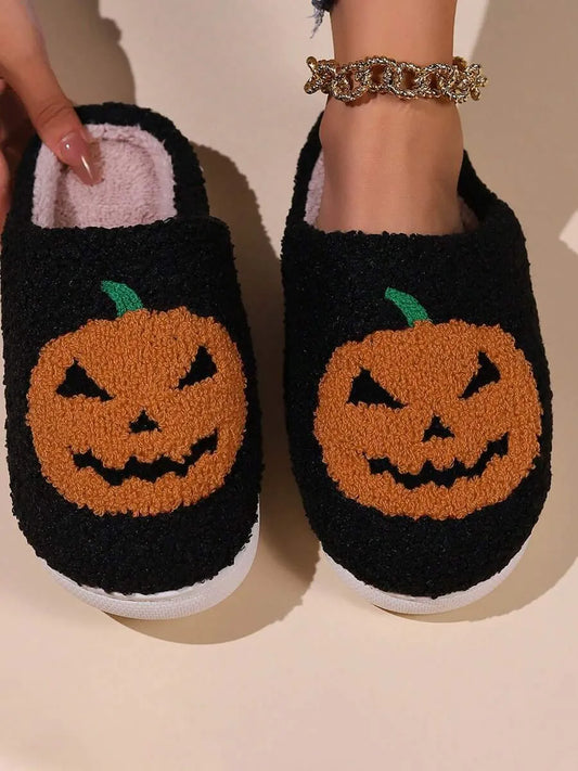 Halloween New Cartoon Pumpkin Thermal Slippers For Men & Women, Casual Home Wear, Suitable For Autumn & Winter