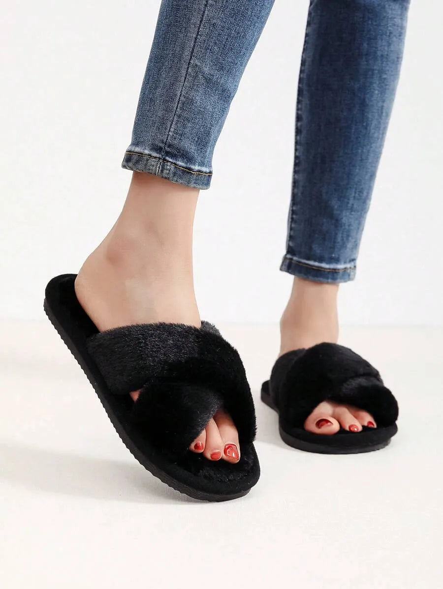 New Fashion Cross Strap Fluffy Women's Indoor Slippers, Minimalist Quiet Home Furry Slides