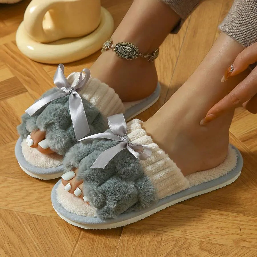 Women's Bunny Fur Bowknot Design Slide Slippers, Comfortable Open Toe Solid Plush Home Shoes For Bedroom Or Floor