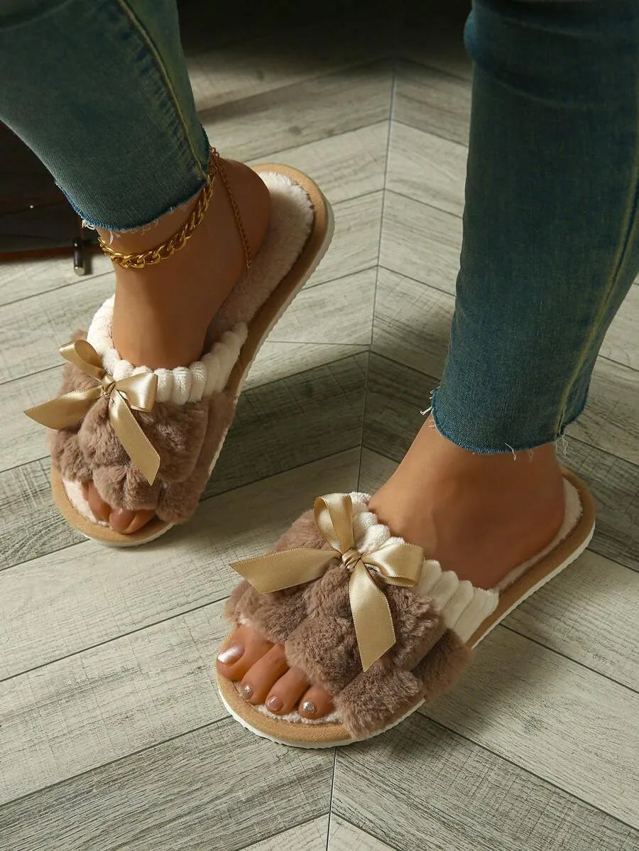 Women's Bunny Fur Bowknot Design Slide Slippers, Comfortable Open Toe Solid Plush Home Shoes For Bedroom Or Floor